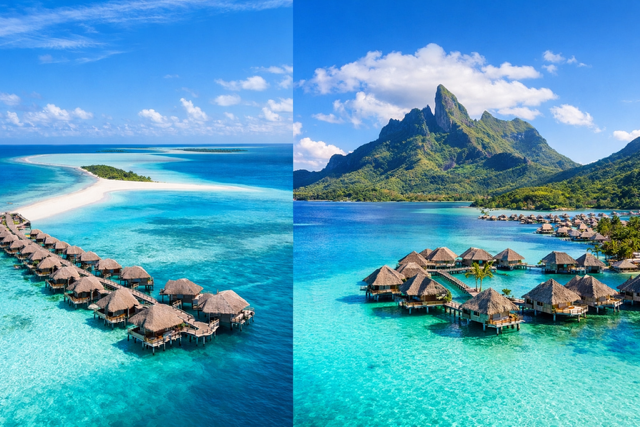 Maldives vs Bora Bora overwater villas comparison showing tropical lagoons and luxury resorts
