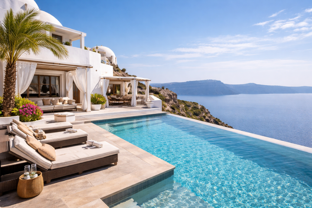 Luxury cliffside villa with infinity pool overlooking the sea, bright daytime setting with white architecture and panoramic ocean views