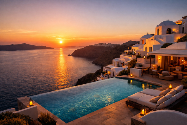 Santorini luxury villa with infinity pool and caldera sunset view