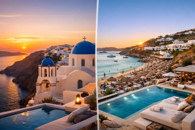 Santorini vs Mykonos luxury Greek island comparison showing Santorini caldera sunset and Mykonos beach club villas by the sea