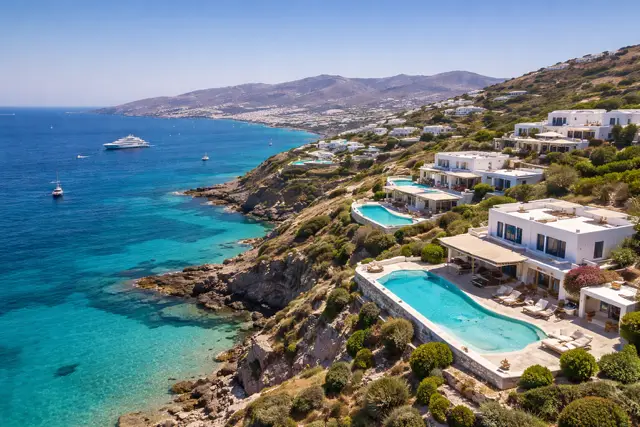 Luxury Villas overlooking the Aegean Sea on the island of Mykonos Greece