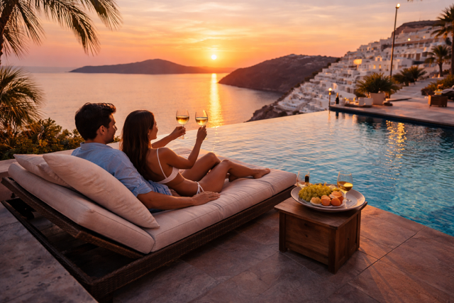 Luxury couple relaxing at an infinity pool during sunset, enjoying a private villa experience with panoramic sea views and romantic atmosphere