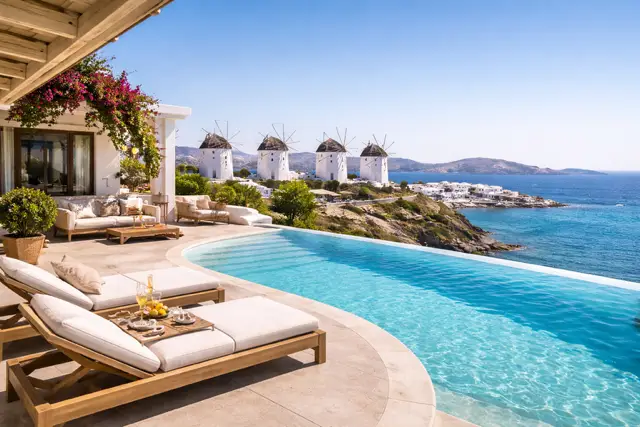 Luxury Villa terrace in Mykonos with infinity pool overlooking the Aegean Sea and traditional windmills