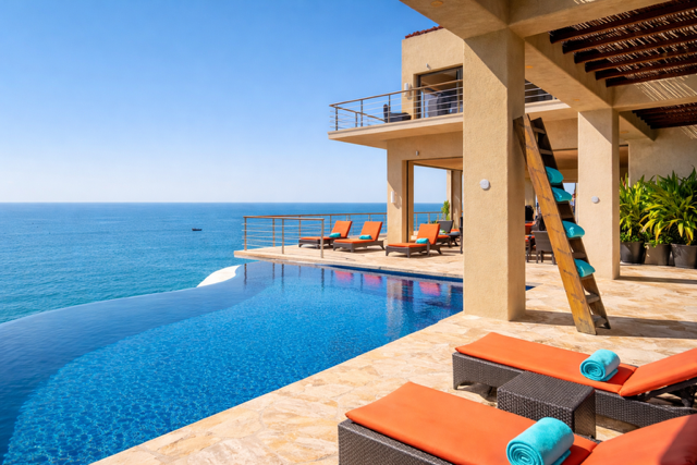 Luxury cliff side villa in Cabo San Lucas with infinity pool overlooking the ocean, outdoor terrace with lounge chairs, and panoramic sea views.