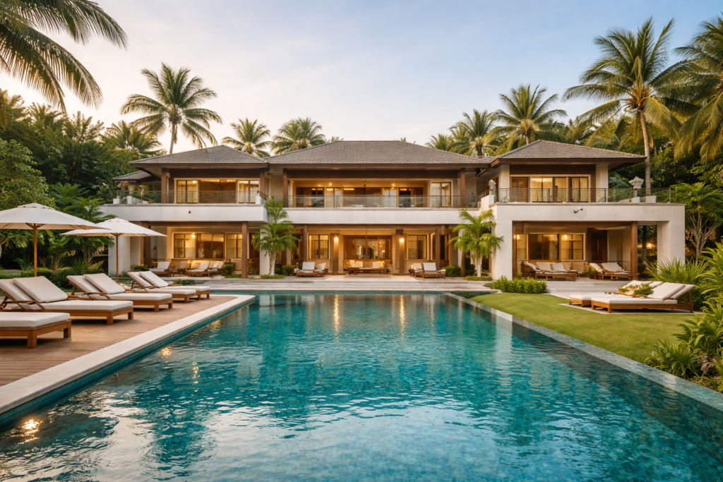 5–8 bedroom luxury villa with large pool, outdoor lounge areas, and high-end tropical design