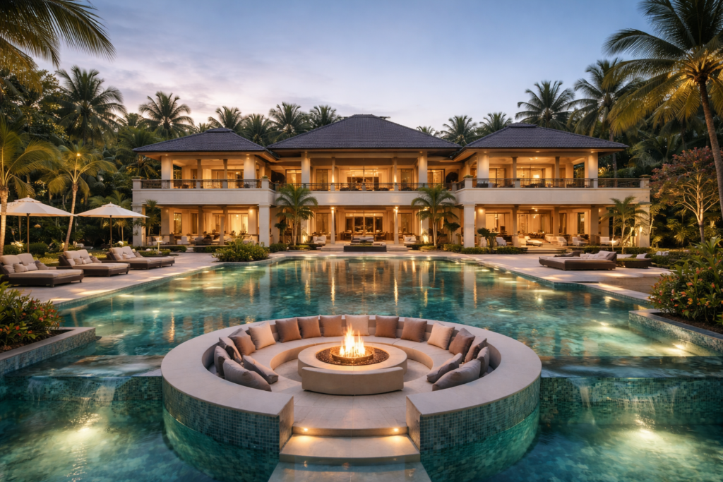 Ultra luxury villa with infinity pool, outdoor fire pit, and high-end resort-style living in tropical setting