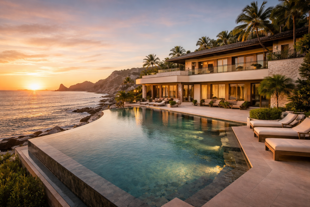 Ultra luxury Cabo San Lucas oceanfront villa with infinity pool overlooking the sea at sunset.