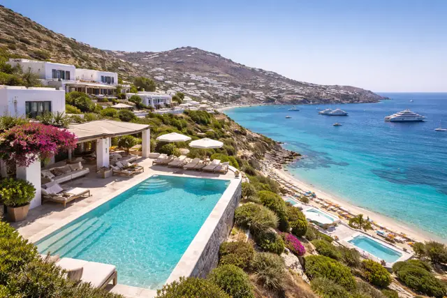 Luxury villas near Psarou Beach Mykonos overlooking the Mediterranean Sea