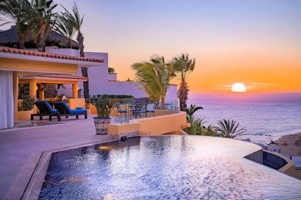 Luxury Villa terrace in Cabo San Lucas with infinity pool and ocean sunset view 