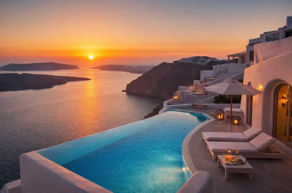 Luxury cliffside villas in Santorini Greece with infinity pools overlooking the caldera at sunset