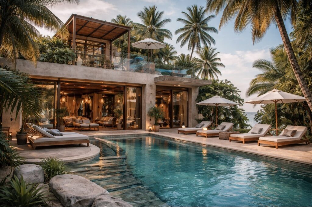 High-end luxury villa in Tulum Mexico with private pool, jungle surroundings, and open-air modern architecture.