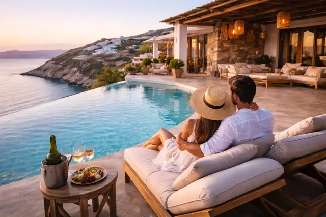 Couple relaxing at a private luxury villa
in Mykonos Greece