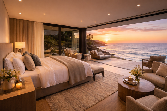 Luxury Malibu villa bedroom with ocean view at sunset, modern design, king bed, and private terrace overlooking the Pacific Ocean