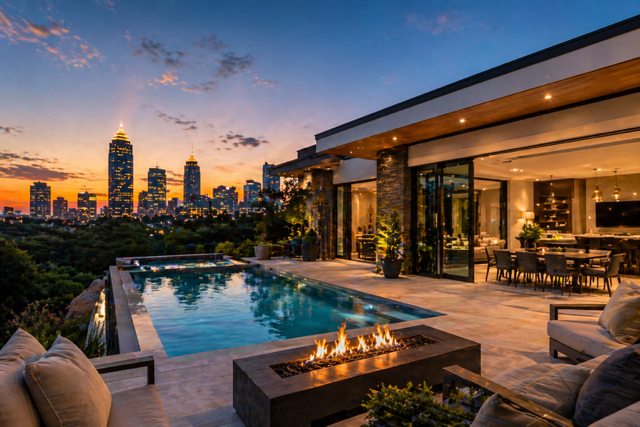 Luxury villa in Atlanta with infinity pool, modern architecture, and city skyline at sunset