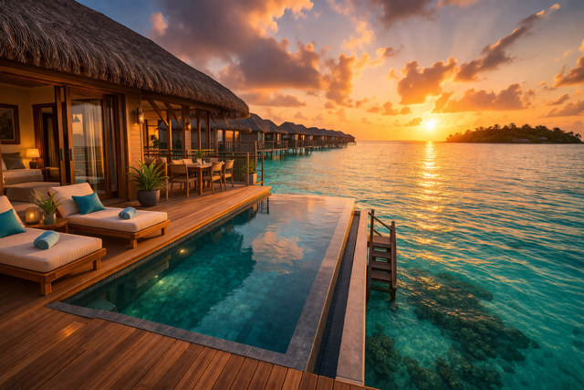Luxury Maldives overwater villa at sunset with private infinity pool and ocean view.