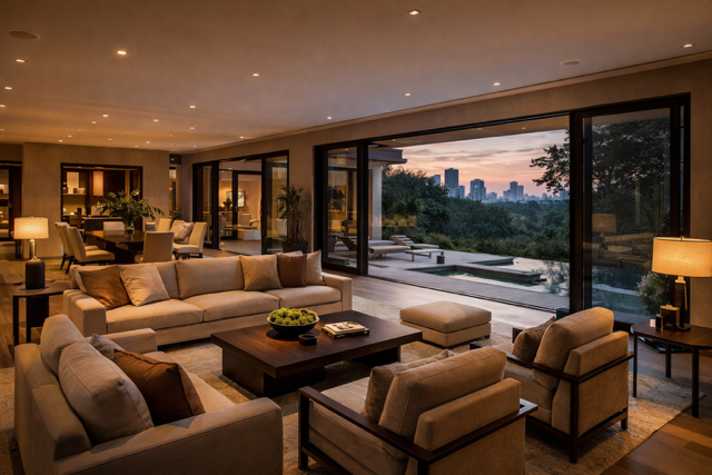 Modern luxury villa interior in Atlanta with open living space and floor-to-ceiling windows