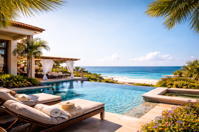 Luxury beachfront villa in Cabo San Lucas with infinity pool overlooking the ocean.