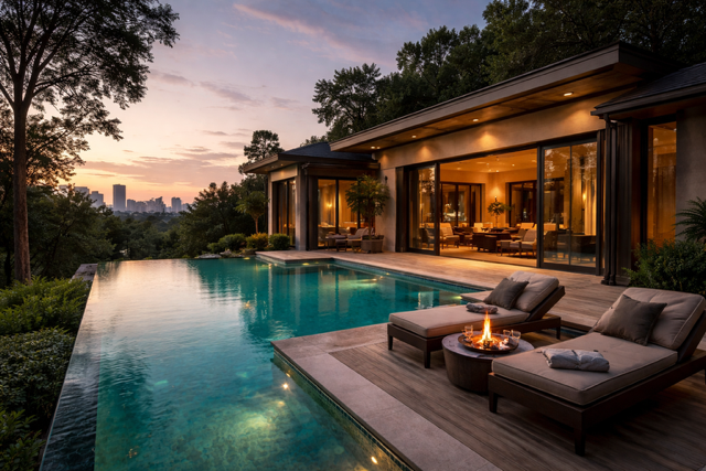 Luxury villa in Atlanta with private pool and modern design overlooking the city at sunset