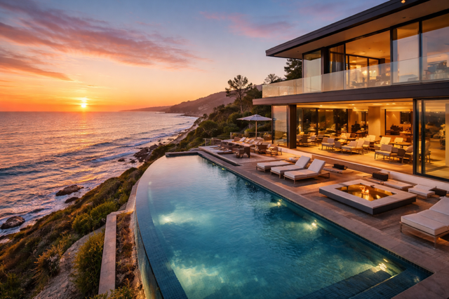 Luxury Malibu villa with infinity pool and ocean views at sunset, modern beachfront estate in California for private luxury stay.