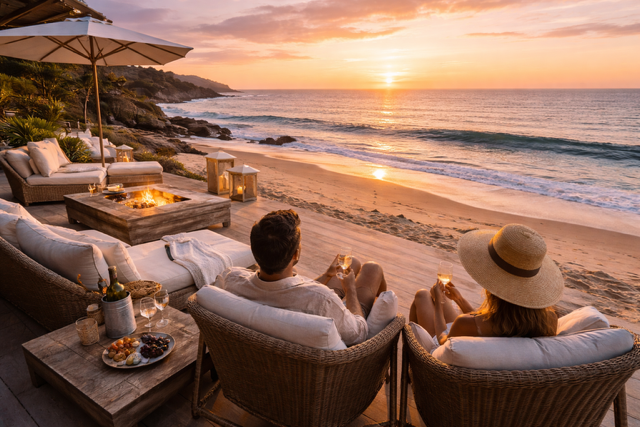 Couple relaxing on a private Malibu beachfront deck at sunset with ocean views, luxury seating, and fire pit