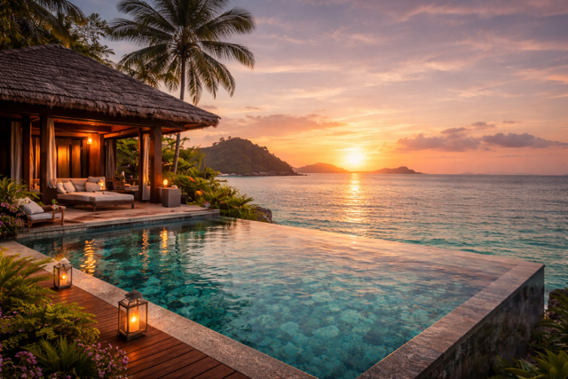 Luxury beachfront villa in Langkawi Malaysia with infinity pool overlooking the ocean at sunset