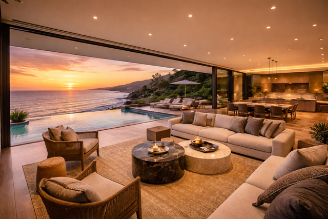 Luxury Malibu villa interior with open-concept living room, ocean views, infinity pool, and modern high-end design at sunset