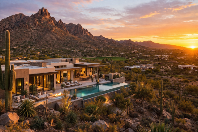 Luxury Scottsdale desert villa with infinity pool and panoramic mountain sunset views.