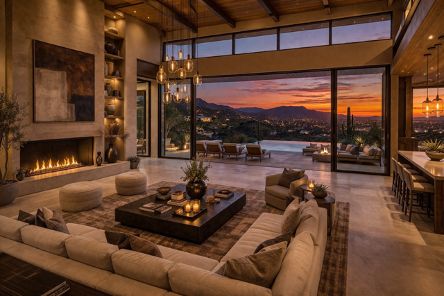 Luxury Scottsdale villa interior living room with open design, fireplace, and desert sunset views.