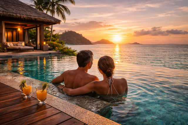 Couple enjoying a luxury villa stay in the Philippines with infinity pool at sunset