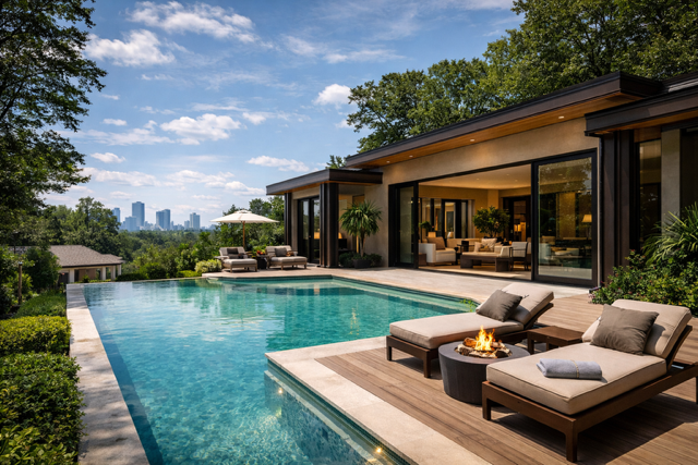 Luxury villa in Atlanta with private pool and outdoor lounge area during daytime