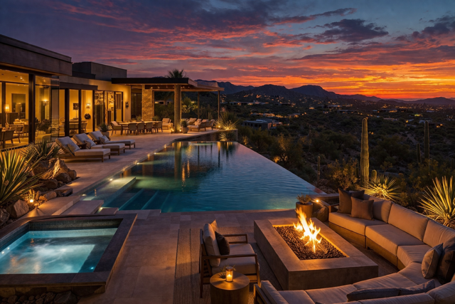 Luxury Scottsdale villa at sunset with infinity pool