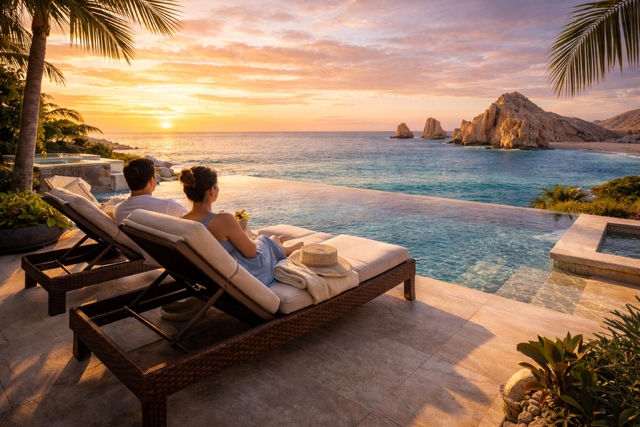 Luxury villa in Cabo San Lucas with infinity pool and ocean sunset view.