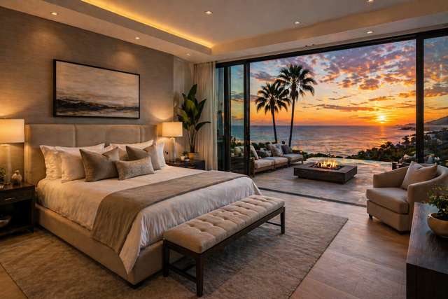 luxury villa bedroom in the USA with ocean view terrace, modern design, and sunset coastal scenery