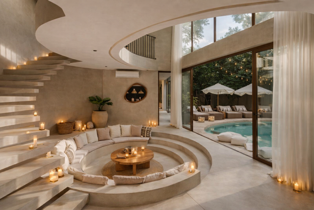 Luxury Tulum villa interior with sunken lounge seating, modern staircase, and open view to private pool with soft ambient lighting.