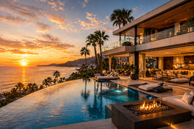 luxury oceanfront villa in the USA with infinity pool at sunset, modern architecture, palm trees, and coastal views