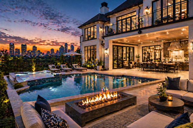 High-end luxury villa in Atlanta with pool, outdoor lounge, and city skyline at sunset