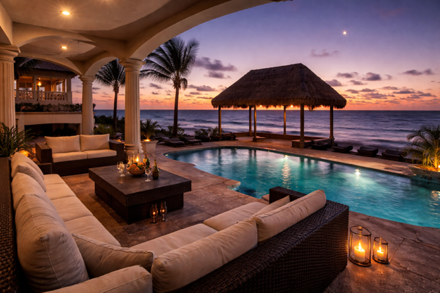 Luxury Tulum beachfront villa with infinity pool at sunset, oceanfront terrace with ambient lighting and tropical palm views.