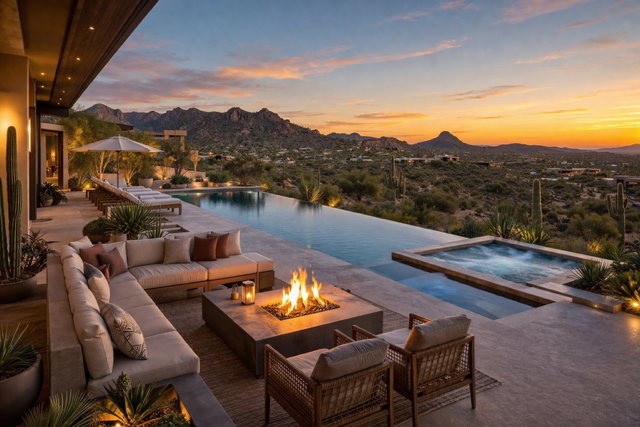 Scottsdale luxury villa outdoor pool and lounge with desert sunset views