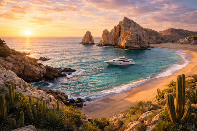 Cabo San Lucas coastline with El Arco rock formation and ocean sunset view.