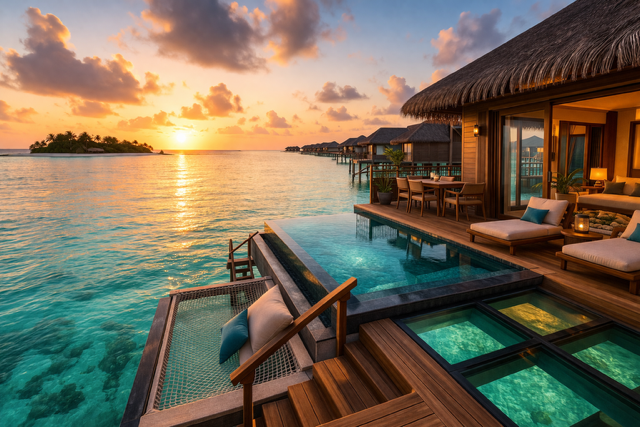 Luxury Maldives overwater villa at sunset with infinity pool, glass floor panels, and turquoise ocean views