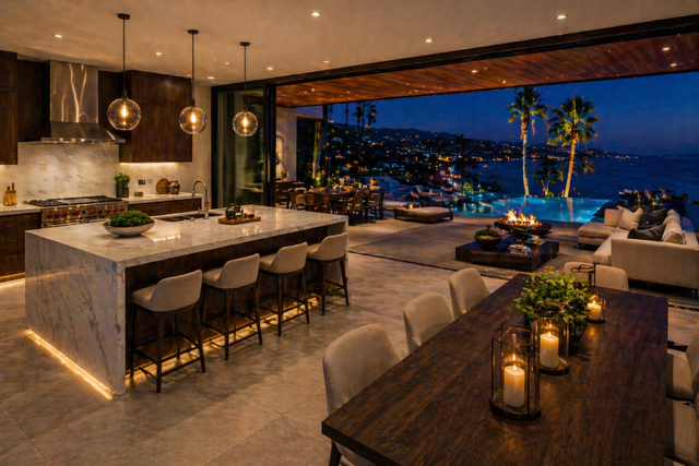 luxury villa kitchen and outdoor living space in the USA with ocean view, night lighting, and modern design