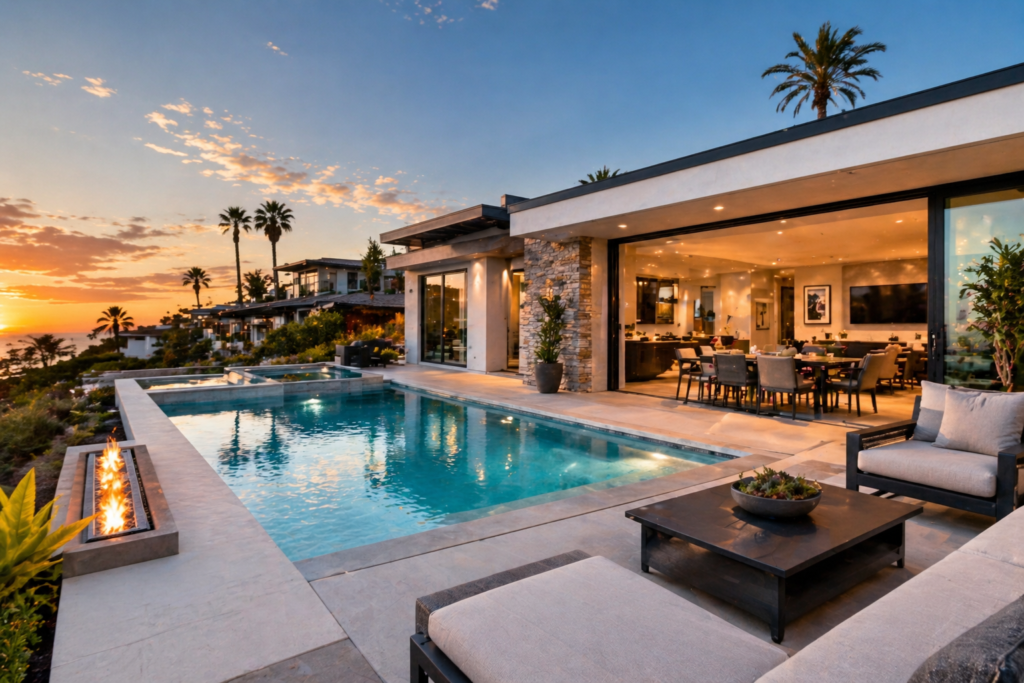 San Diego luxury villa with infinity pool, modern design, and outdoor living space at sunset