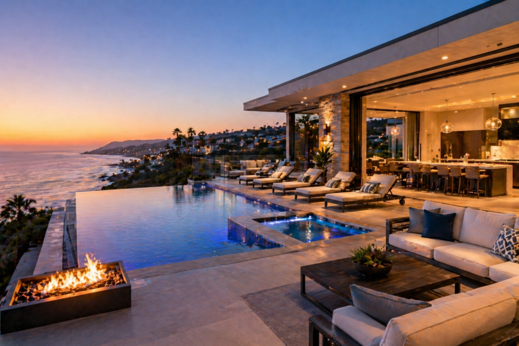 5–8 bedroom luxury villa in San Diego with infinity pool, oceanfront views, and upscale outdoor living space