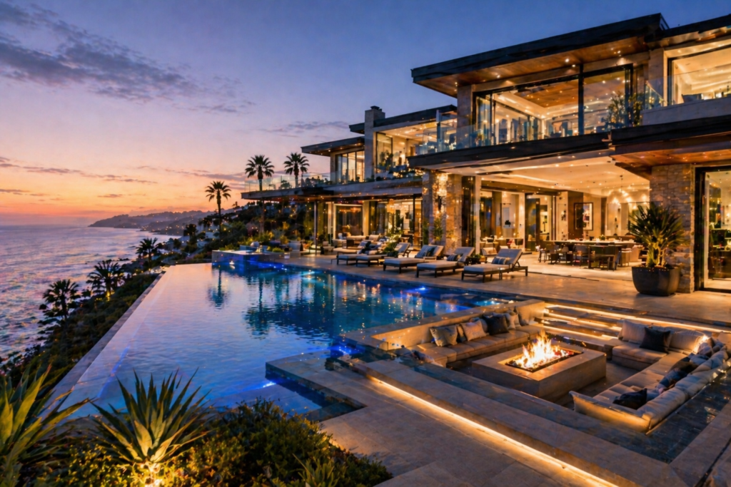 San Diego ultra luxury estate with infinity pool, ocean views, and high-end outdoor living space at sunset