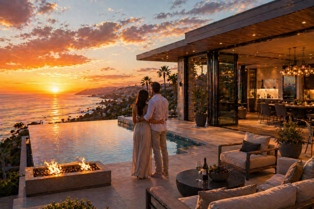 Ultra luxury oceanfront villa in San Diego with infinity pool, modern architecture, and sunset views