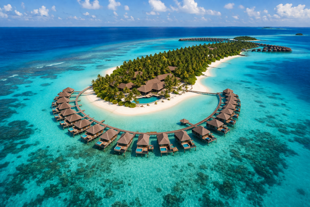 Aerial view of Maldives luxury resort with overwater villas and turquoise lagoon.