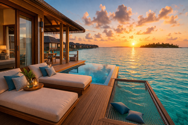 Luxury Maldives overwater villa deck at sunset with private infinity pool and ocean views.