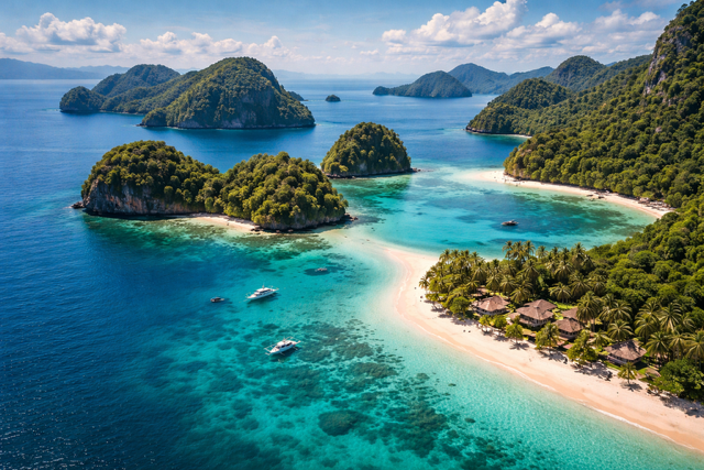 Aerial view of tropical islands in the Philippines with turquoise water and white sand beaches