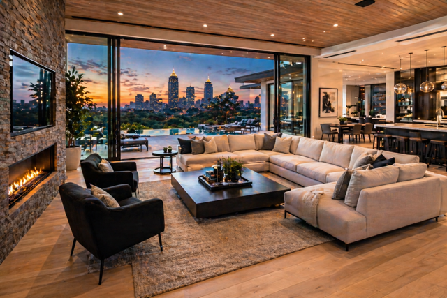 Modern luxury villa interior in Atlanta with open living space, fireplace, and skyline view