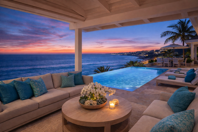 Luxury San Diego villa at sunset with infinity pool, ocean view, and elegant outdoor lounge with ambient lighting